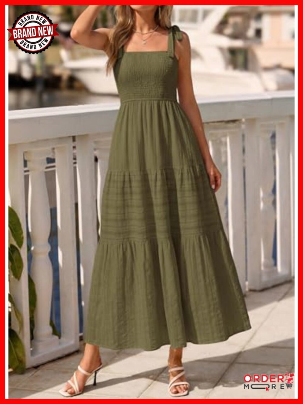 Smocked Boho Spaghetti Strap Maxi Dress - Sleeveless A Line Beach Sundress - Picture 4 of 6